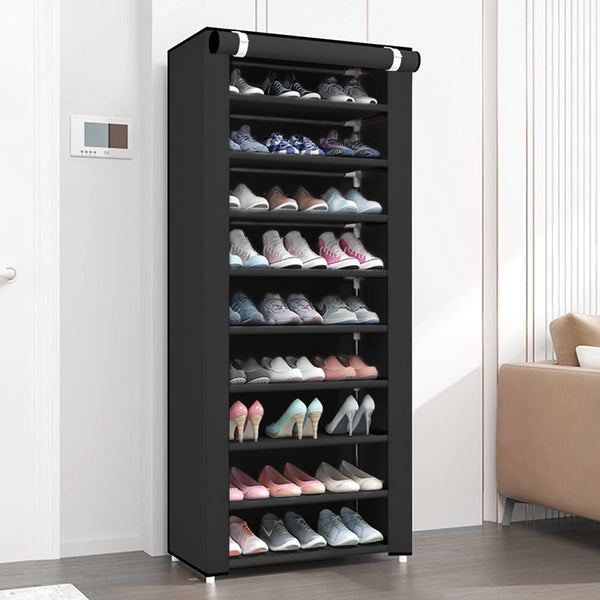 BAOKALER Portable Shoe Rack, 10-Tier 27 Paris Shoe Storage Cabinet with Cover, Non-Woven Fabric Shoe Storage Organizer 62.99*23.62*15.7 inch, Black