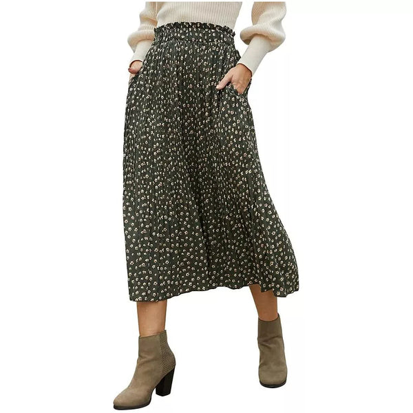 EXLURA Womens High Waist Polka Dot Pleated Skirt Midi Swing Skirt with Pockets
