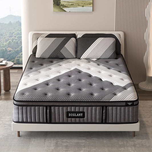 DIGLANT 14 Inch Queen Plush Hybrid Mattress Bed in a Box, 5 Layer Memory Foam with Pocket Springs for Supportive & Pressure Relief with Soft Fabric,100 Nights Trial,60"*80"*14"