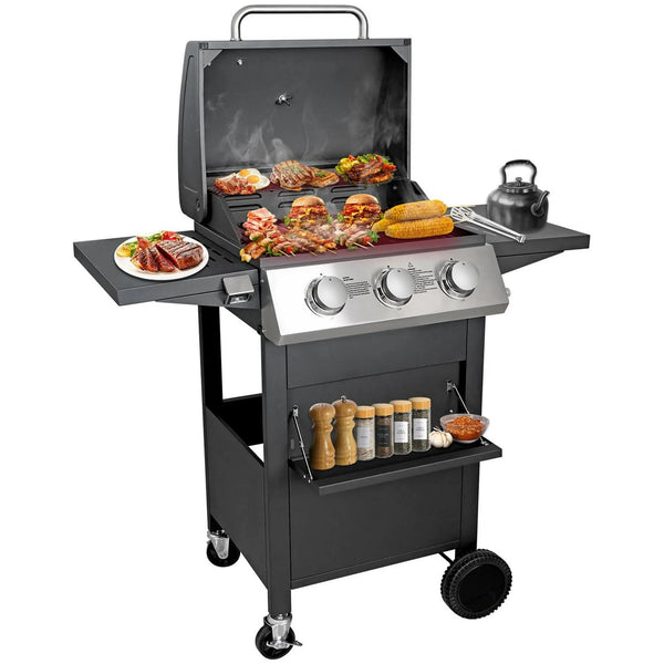 Segmart 3 Burner BBQ Propane Gas Grill, Stainless Steel 30,000 BTU Patio Garden Barbecue Grill with Side Tables, Hanging Basket & Thermometer, Perfect for Camping, Outdoor Cooking