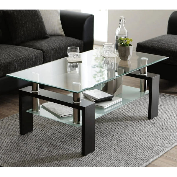 Glass Coffee Table with Lower Shelf, SEGMART Clear Rectangle Glass Coffee Table, Modern Coffee Table with Metal Legs, Rectangle Center Table Sofa Table Home Furniture for Living Room