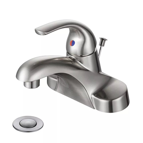 WOWOW 4 in. Centerset Single-Handle Low Arc Bathroom Faucet with Drain Kit Included in Brushed Nickel