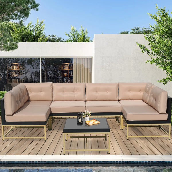 7 Piece Outdoor Patio Furniture Set, Modular Outdoor Sectional Sofa Set with Removable Cushions, PE Rattan Conversation Sets with Coffee Table, Brown