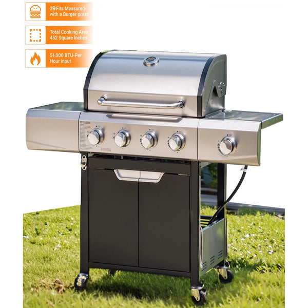 4-Burner Propane Grill Griddle Combo, 51,000BTU Gas Grill w/Side Burner for Outdoor BBQ Camping, Stainless Steel Portable Grills Outdoor Cooking W/Enameled Cast Iron Griddle