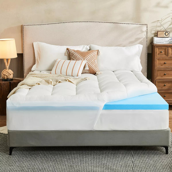 Inhand Queen Size Dual Layer 4" Memory Foam Mattress Topper, 2" Gel Memory Foam and 2" White Cooling Pillow Top Mattress Pad Cover for Back Pain
