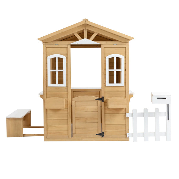 COCLUB Play House for Kids Ages 4-8, Outdoor Wooden Playhouse with Play Kitchen, Snack Bar, Picnic Bench, Mailbox, Flowerpot Holders, 39" x 38" x 55.5"