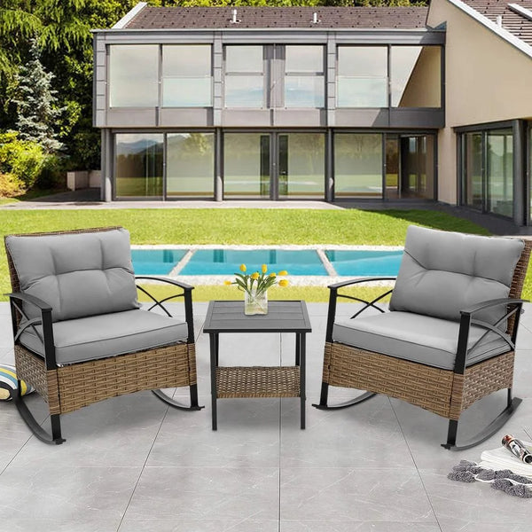3 Pcs Patio Rocking Bistro Set, PE Wicker Bistro Set with Soft Cushion, 2 Chairs and 1 Steel Top Side Table, Outdoor Conversation Set for Patio Backyard Porches - Gray