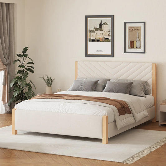 SESSLIFE Upholstered Platform Bed Frame with Tufted Headboard, Modern Queen Size Bed Frame with Solid Wood Legs, Mid-Century Platform Bed for Adults Kids, No Box Spring Needed, Beige