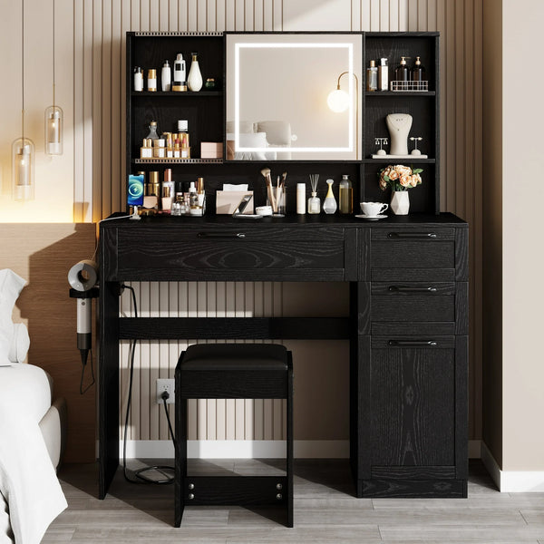 Sesslife Vanity Set with Sliding LED Light Mirror, Black Makeup Desk with Cushioned Stool, Charging Station, Drawers, Storage Cabinet and Hair Dryer Rack, Modern Dressing Table Set for Women Girls