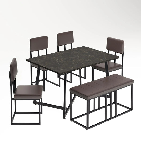 UHOMEPRO 6-Piece Dining Room Set, Faux Marble Dining Table with 4 Leatherette Chairs & Bench Set, Modern Rectangular Kitchen Table Set for Bar Living Room Small Space, Space-Saving Design, Brown