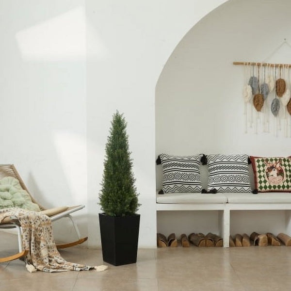 DR.Planzen Artificial Cedar Tree 4 ft Outdoor with Tall White Planter, Artificial Topiary Cedar Plants Fake Tree UV Rated Potted Plants for Porch Decor Faux Pine Tree for Perfect Housewarming Gift