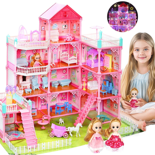 JoyStone 11 Rooms Huge Dollhouse with Play Mat, 2 Dolls and Colorful Light, 31" x 28" x 27" w/Furniture Doll House Gift for Girls