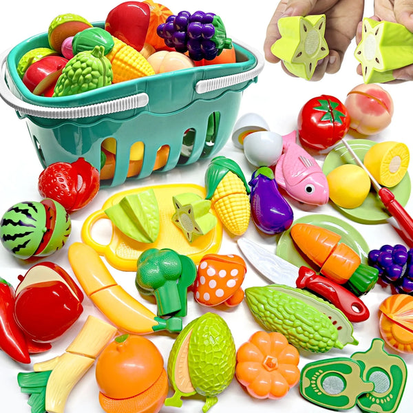 BeePrincess 30pcs Cutting Play Food Set Toy for Kids Kitchen, Pretend Food Toy for Toddlers Age 1-3, BPA-Free Cutting Play Fake Food/Vegetable/Fruits Play Kitchen Toys Accessories with Storage Basket