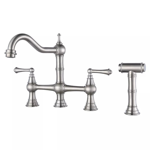 WOWOW Double Handle Bridge Kitchen Faucet with Side Sprayer in Brushed Nickel