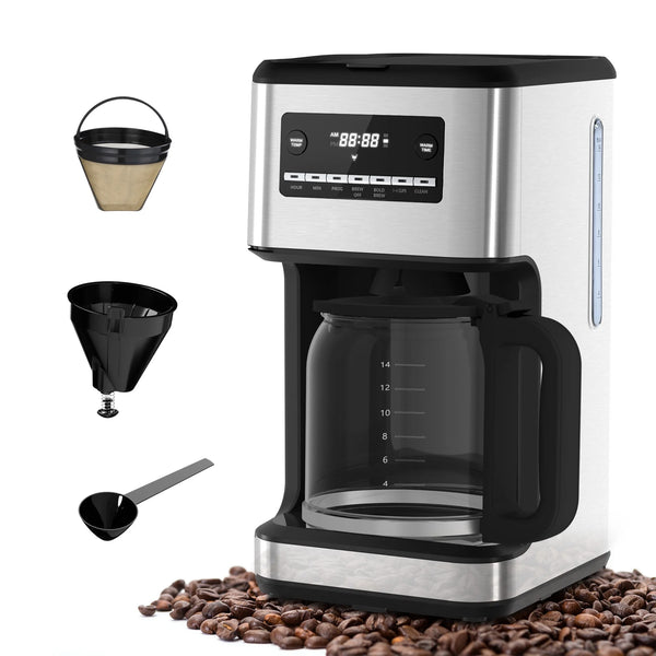 Auseo 14-Cup Programmable Coffee Maker - 24Hr Brew Scheduling, Bold Brew & Self-Cleaning, 1050W Fast Brewing w/Large Glass Carafe & Reusable Filter for Home/Office (Stainless Steel)"