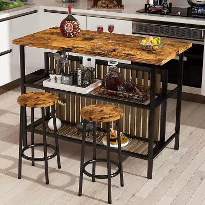 Hooseng Dining Table Set for 2, Kitchen Island with Seating Bar Table Set with Storage, Space Saving Kitchen Island with 2 Shelves, white