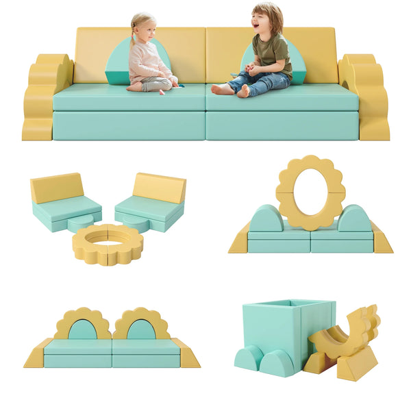 Kids Couch for Playroom, 10PCS Baby Climbing and Crawl Foam Play Set, Foam Climbing Blocks Convertible Sofa ,Kids Play Couch, Indoor Climbing Structure for Toddlers, Infant, Kids, Pre-school, Green