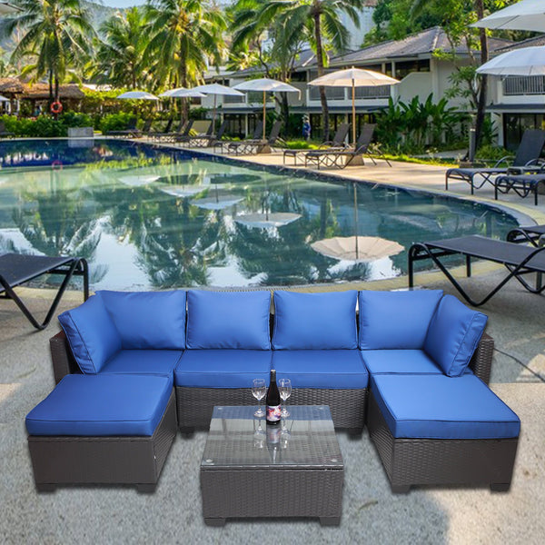 SEGMART Outdoor Patio Conversation Sofa Set, 7PCS Patio Patio Furniture Sets with Coffee Table, All-Weather Wicker Sofa for Patio & Garden w/2 Pillows, Black Wicker + Blue Cushion