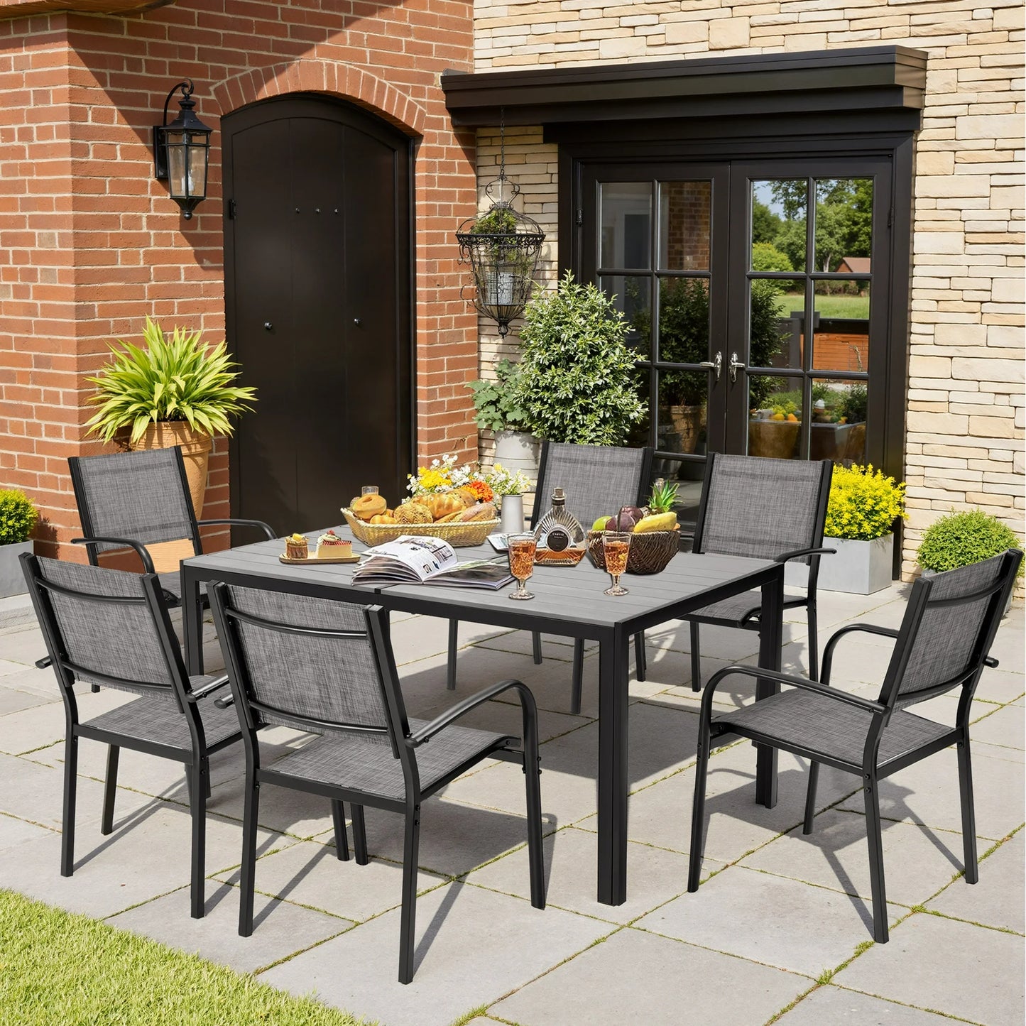 7 Piece Outdoor Dining Set, Patio Dining Table Set for 6 Persons, Garden Patio Textilene Dining Furniture Set with Plastic-Wood Tabletop, Dining Table Chairs Conversation Set for Deck Patio