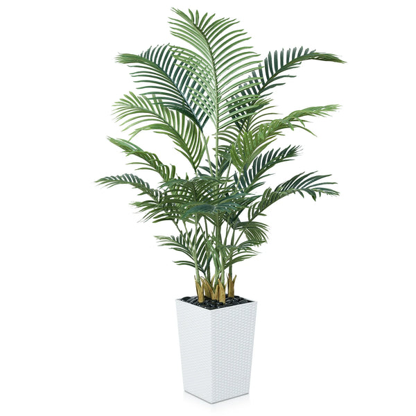 DR.Planzen UV Resistant 5ft Artificial Palm Tree with White Large Planter, Faux Palm Tree for Indoor  Outdoor decor, Faux Plant with Adjustable Leaves for Home, Office, and Garden Decor