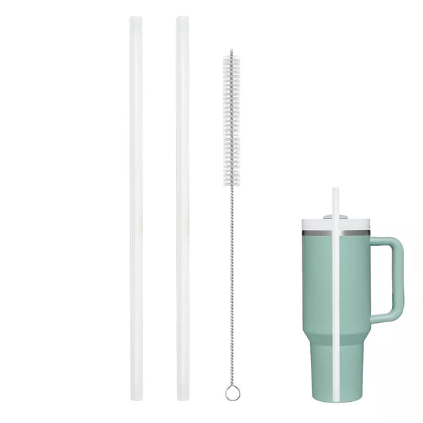 MaseiKar Replacement Straw Compatible with Stanley 40 oz 30 oz Cup Tumbler, 2 Pack Reusable Straw with Cleaning Brush, Clear Hard Plastic