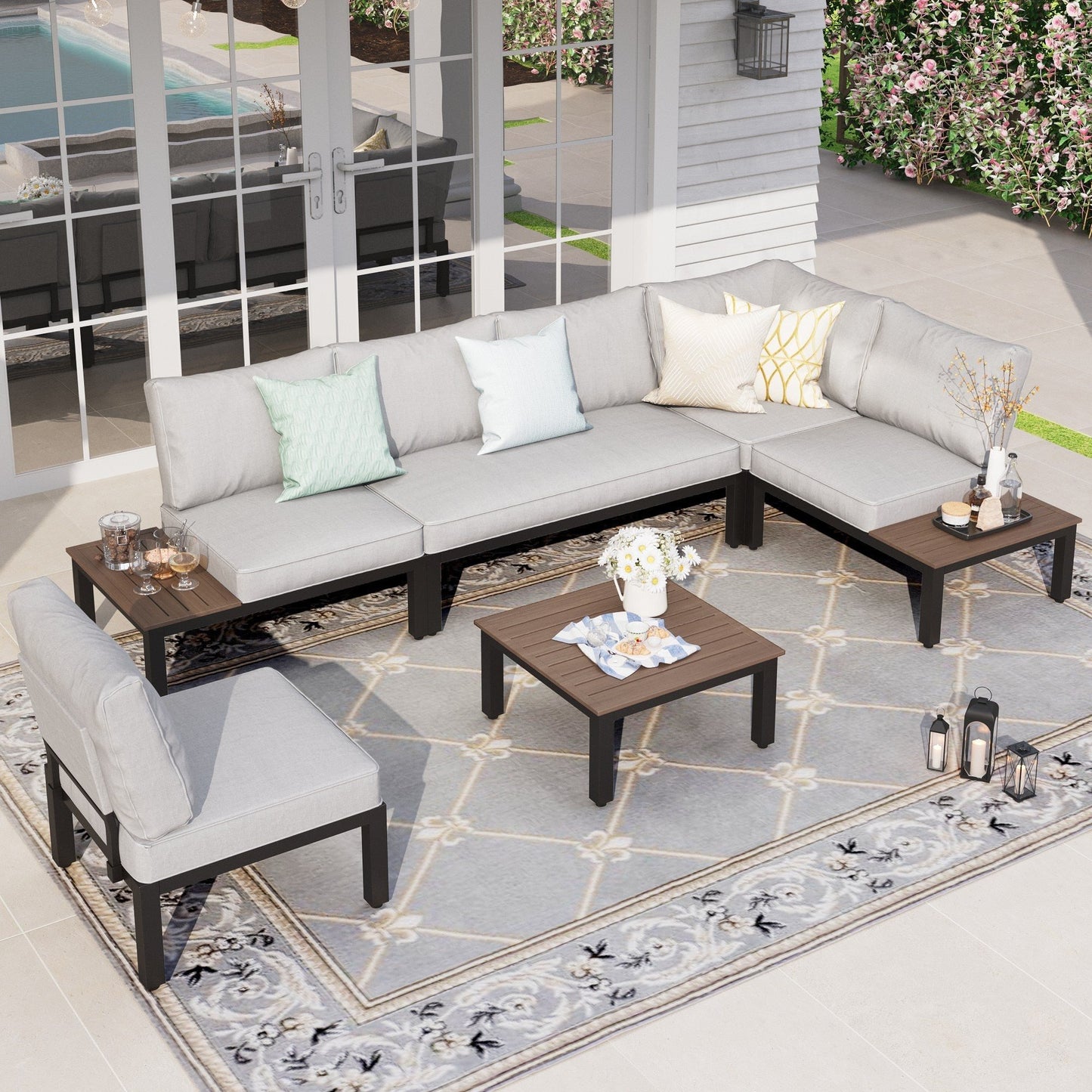 UDPATIO Aluminum Patio Furniture Set, Modern Metal Outdoor Patio Furniture, 8 Pieces Patio Conversation Sets with Side Table for Poolside, Deck, Beige