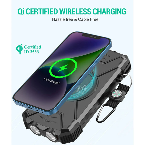 10000mAh Solar Charger, Waterproof Backup Battery Charger Built-in Dual USB/Flashlight for All Cell Phone, Tablet, and Electronic Devices (Black)