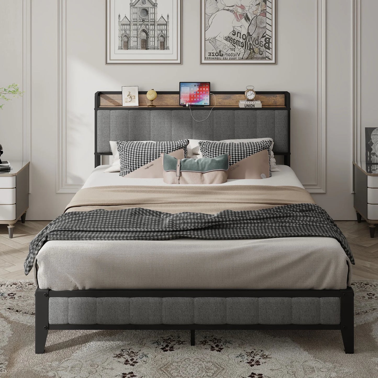 PAPROOS Full Bed Frame with Storage Headboard and Charging Station, Full Size Upholstered Platform Bed, No Box Spring Needed, Gray