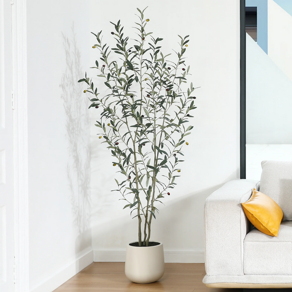 6ft Fake Plastic Olive Tree with Oval White Planter, Pre Potted Faux Greenry Plant for Home Decor Office House Living Room Indoor Outdoor, Big Fake Plants Fake House Plants