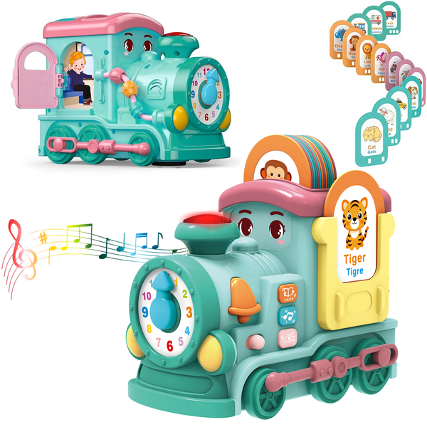 Richgv Musical Train Toy with Talking Flash Cards, Montessori Toys for 1 Year Boys Girls Gift, Crawling Toddler Toys Learning Toys with Music Sound
