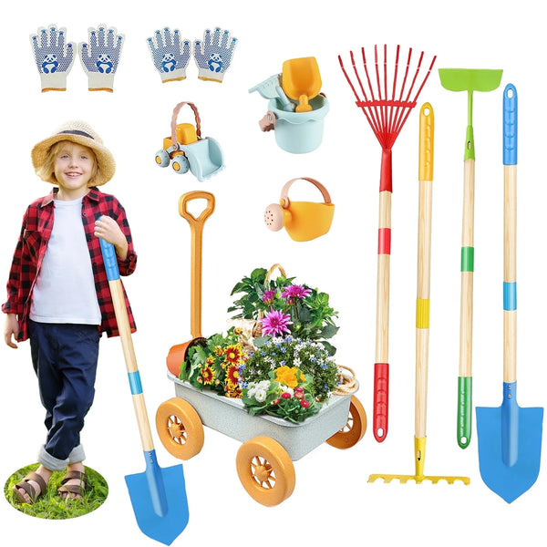 Kids Gardening Tools Set, 12pcs Outdoor Garden Toys with Wheelbarrow, Shovel, Rake, Leaf Rake, Gloves, Yard Beach Digging Pretend Toys for Boys Girls Age 3+