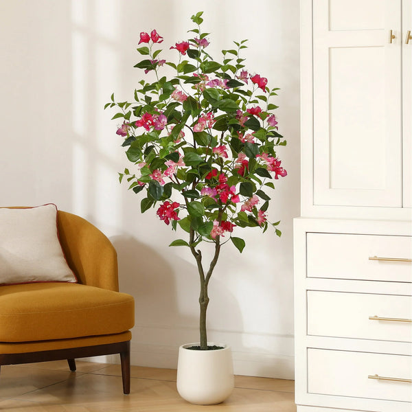 5ft Artificial Bougainvillea Tree with 9 inch White Planter, Tall Fake Bougainvillea Trees with Red Flowers, Faux Bougainvillea Silk Plants for Indoor, Plants for Home Decor