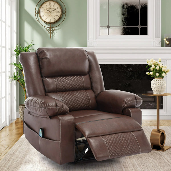 UHOMEPRO Breathable Leather Massage Recliner, Oversize Manual Recliner Chair with Side Pockets, Recliner Adjusted from 90° to 160°, Brown