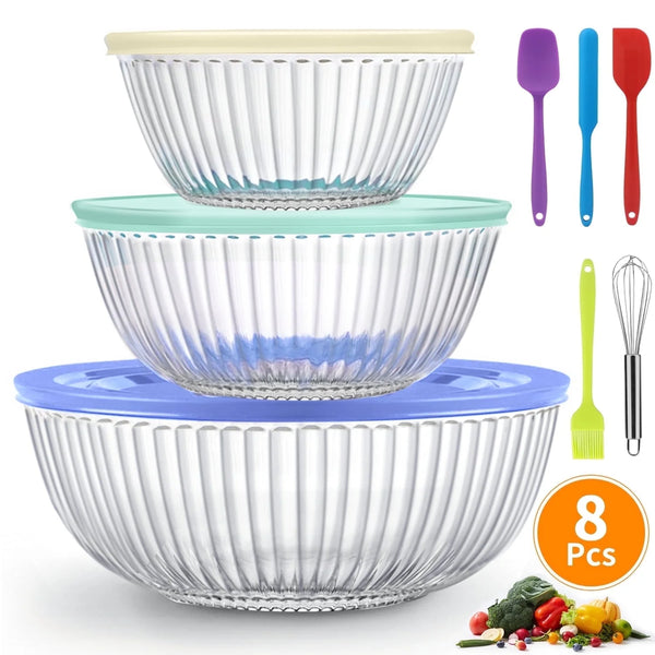 Glass Mixing Bowls Set, AOKIWO 8 Pack 3 Size Glass Nesting Mixing Bowl with BPA-Free Lids & Baking Tools, Kitchen Storage Bowls for Prep, Baking, Serving