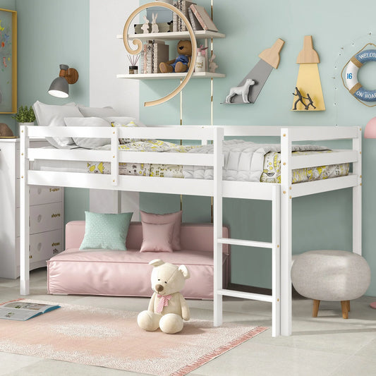 SESSLIFE Solid Wood Twin-Size Low Loft Bed with Ladder, White