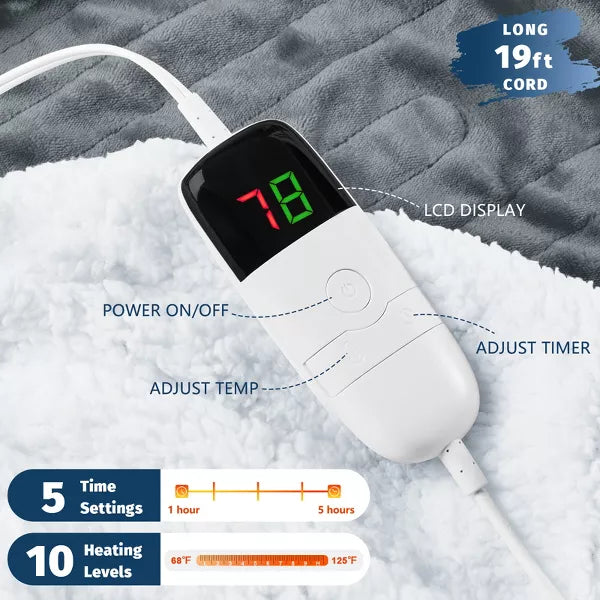 Inhand Heated Blanket Electric Heating Blanket Auto-Off 10 Heat Level Over-Heat Protection Flannel ETL Certified