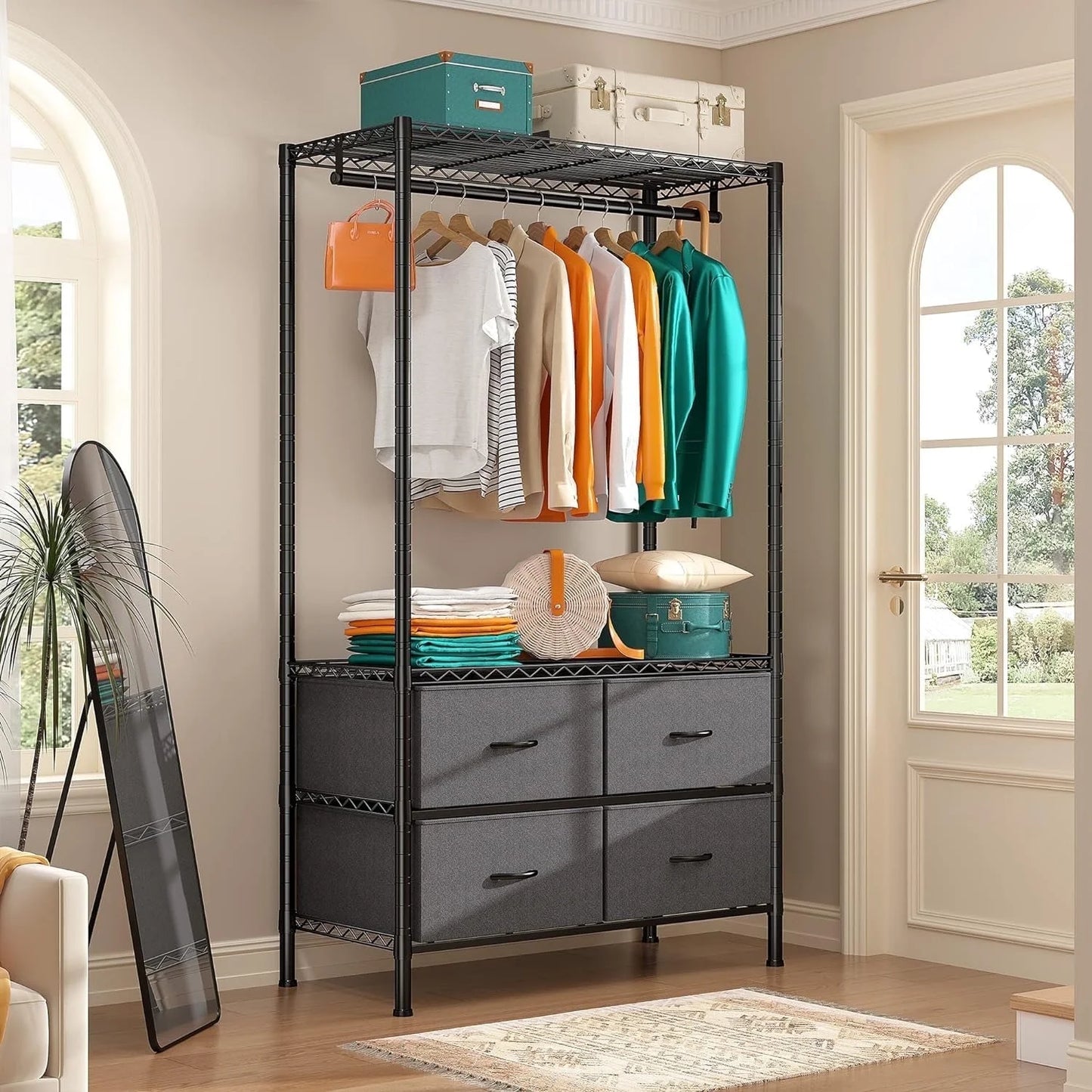 71"H Heavy Duty Clothes Rack, Max Load 445 LBS, Freestanding 3-Tier Wire Garment Rack for Hanging Clothes with Shelves, Closet Organizers and Storage Metal Closet Wardrobe System, Black