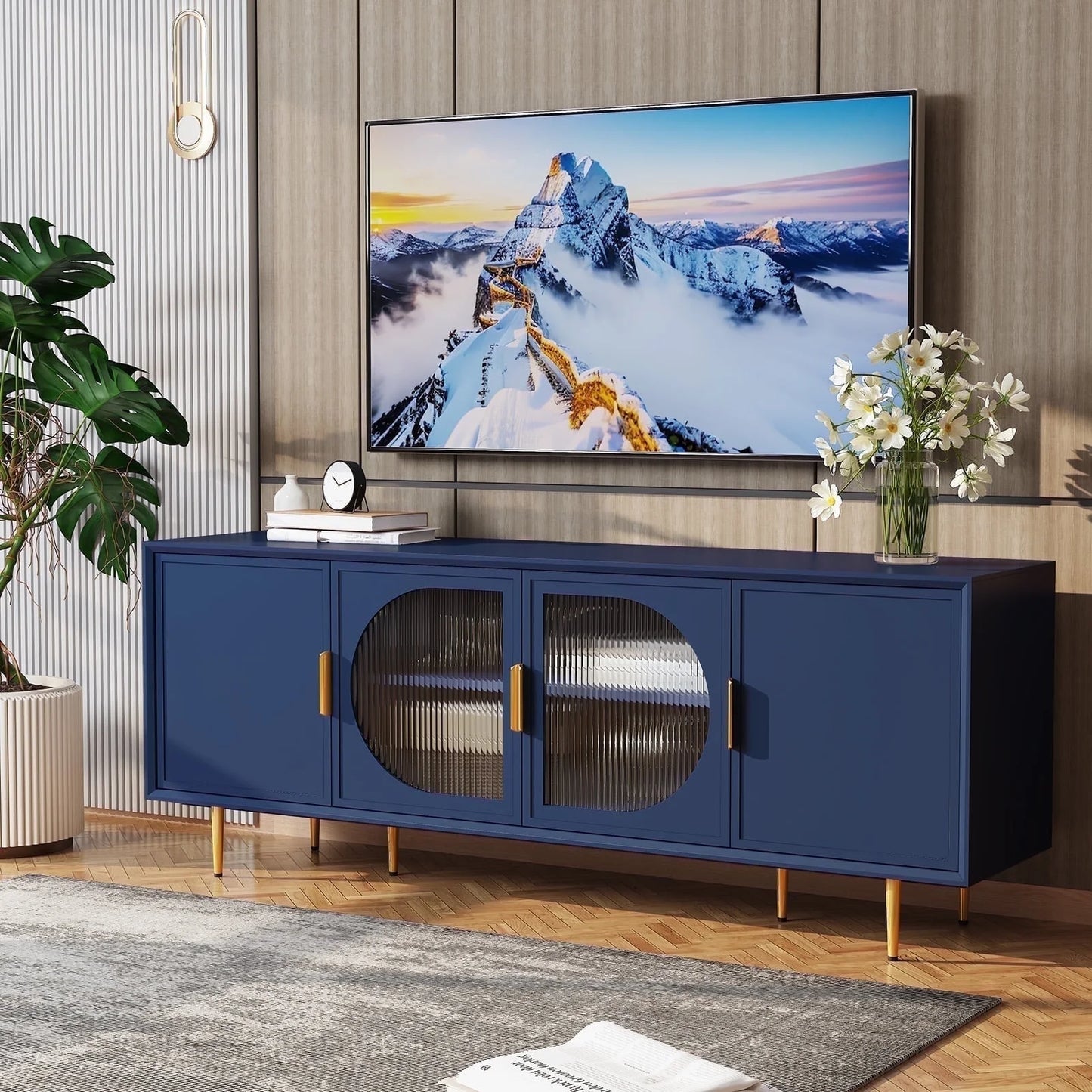 CBJCBJ 66" TV up to 75" Stand for Living Room, Entertainment Center with Glass Storage Cabinet