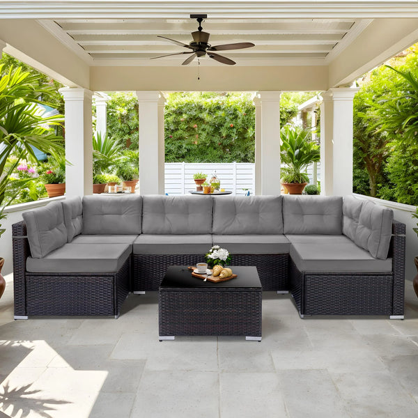7 Piece Outdoor Patio Furniture Set, Modular Outdoor Sectional Sofa Set with Removable Cushions, PE Rattan Conversation Sets with Coffee Table, Gray