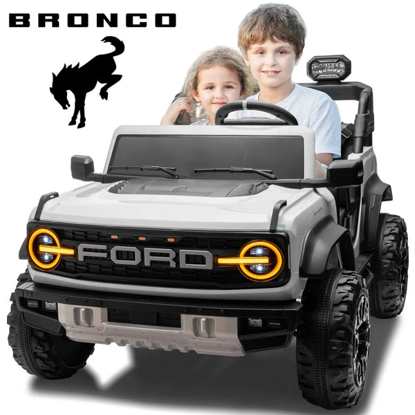 Licensed Ford Bronco Raptor 24V Kids Electric Car, 2-Seater Ride On Car for Ages 3-10 with Parent Remote Control, 4.4MPH Max Speed, 130lb Max Weight, Bluetooth Music, ASTM F963 Certified (White)