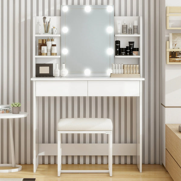 UHOMEPRO Vanity Desk with Lighted Mirror, Vanity Table Makeup Desk with 2 Drawers and 6 Storage Shelves, Bedroom Large Vanity for Girls Women, White