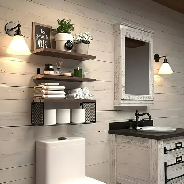 Floating Shelves, 3 Set Wall Mounted Wood Bathroom Shelves with Wire Storage Basket & Hooks, Farmhouse Floating Shelf Bathroom Accessories for Bedroom, Living Room, Kitchen, Bathroom Decor – Brown