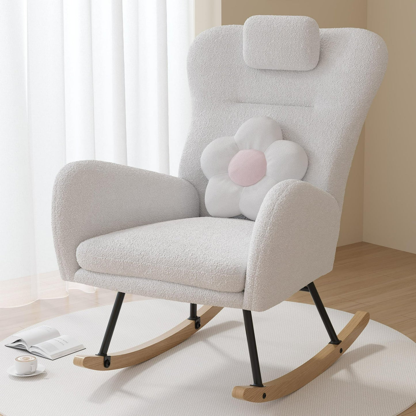 PAPROOS Modern Teddy Fabric Rocking Chair, Accent Rocker Chair with High Backrest for Nursery, Accent Glider Rocker for Living Room Bedroom Playroom，White