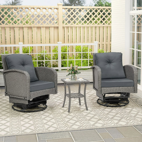 SEGMART 3 PCS Patio Swivel Rocker Set, PE Rattan Swivel Bistro Table Set, Outdoor Conversation Set with Glass Tabletop and Cushions for Balcony Patio Deck Poolside