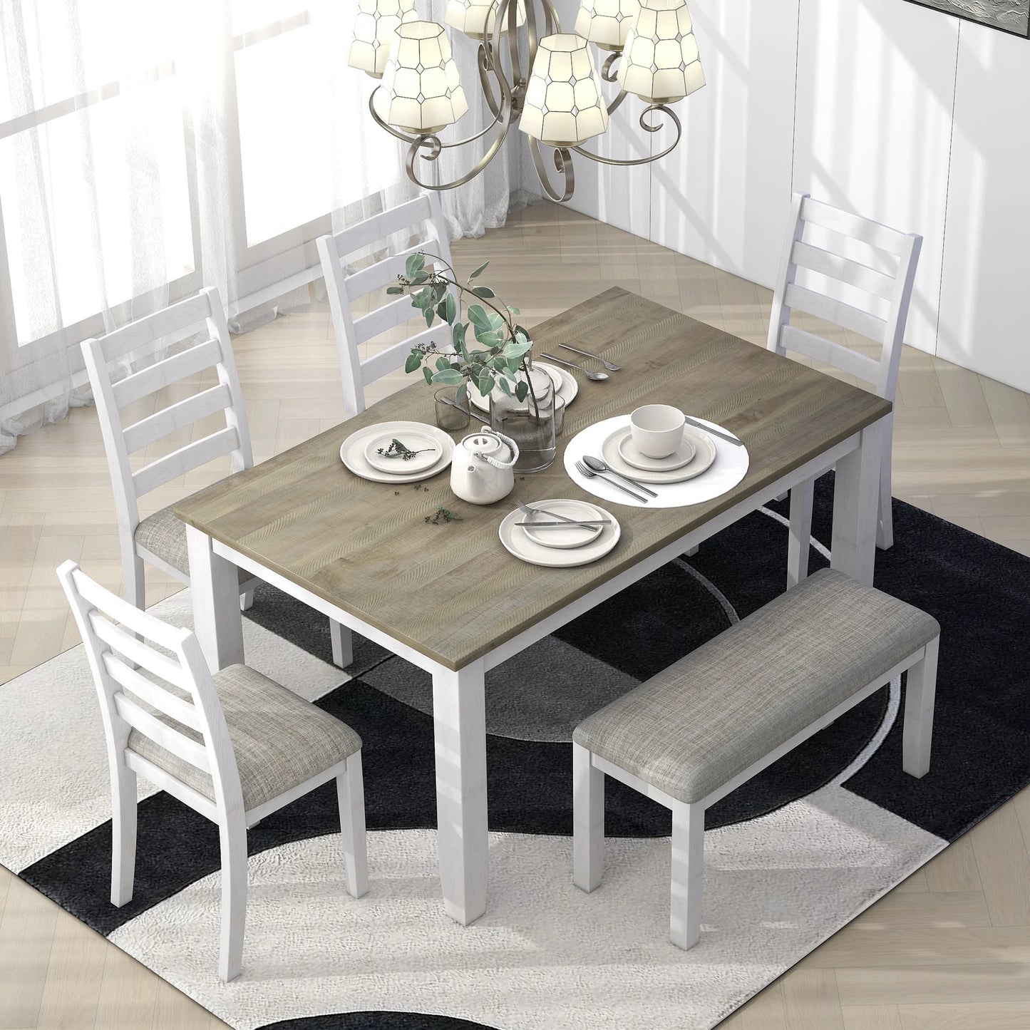 EUROCO Rustic Style 6-Piece Dining Room Table Set with 4 Upholstered Chairs & a Bench