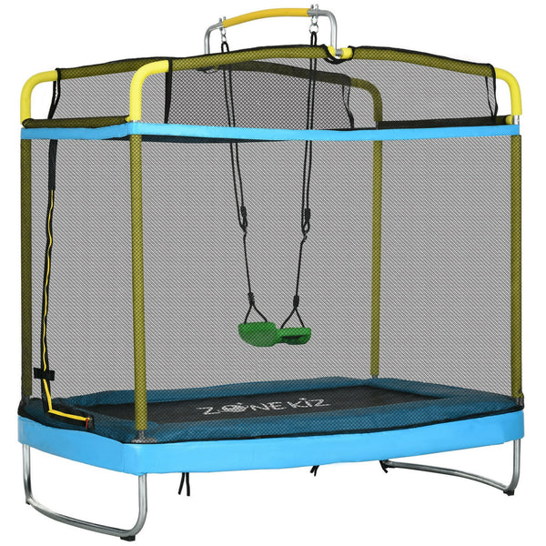 6FT Kids Trampoline with Horizontal Bar and Swing, Rectangle Toddler Trampoline with Enclosure Safety Net, 3-in-1 Outdoor Indoor Trampoline for Kids, Toddlers, Baby, Blue