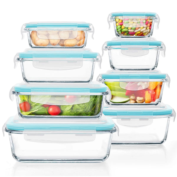 16 Pcs Glass Food Storage Containers , Meal Prep , Airtight Bento Boxes with Leak Proof Locking Lids, for Microwave, Oven, Freezer and Dishwasher, BPA Free