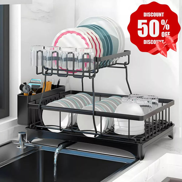 DOMETOUR Dish Racks for Kitchen Counter - Stainless Steel Dish Drying Rack with Drainboard, Detachable Dish Drainers with Utensil Holders