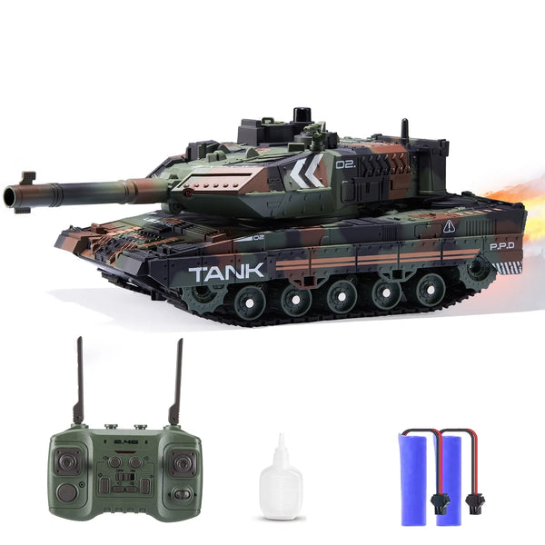 Remote Control Tank, RC Shoot Balls Tanks Toys with Smoke and Rotatable Turret for Kids and Adults, Cool LED Military Army Cars Vehicles Toy