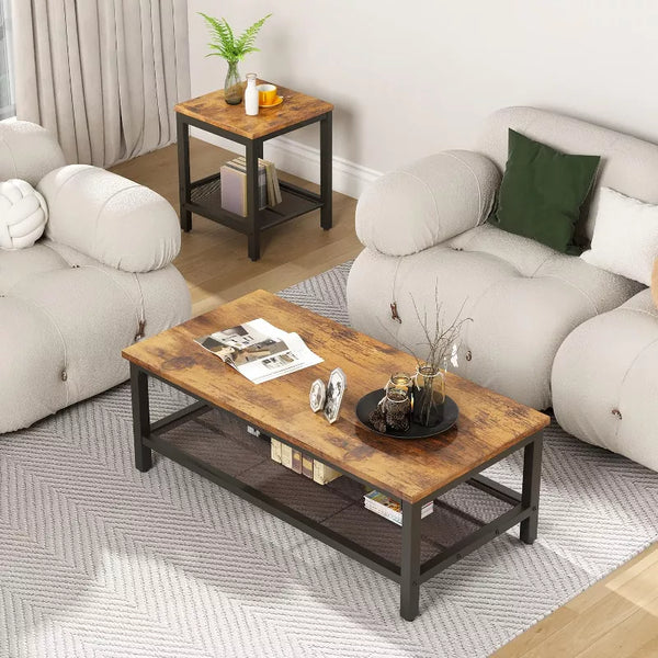 Hooseng 3 Pieces Living Room Coffee Table Set, Industrial Coffee Table with 2 Square End Side Tables for Apartment, Office, Rustic Brown